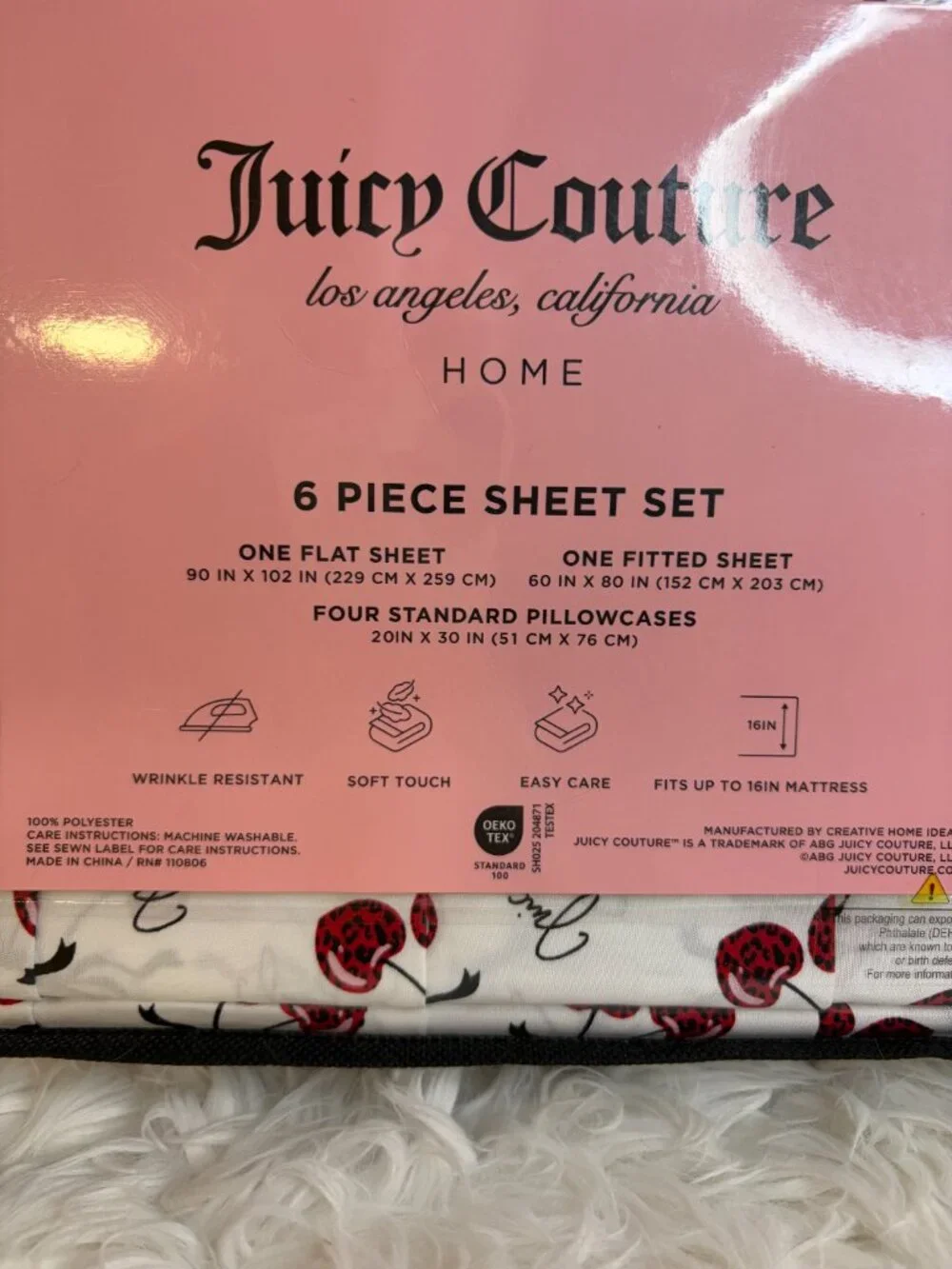 Juicy Couture Queen Cherry Bow Sheet Set 6 Pc White Black Pink NWT